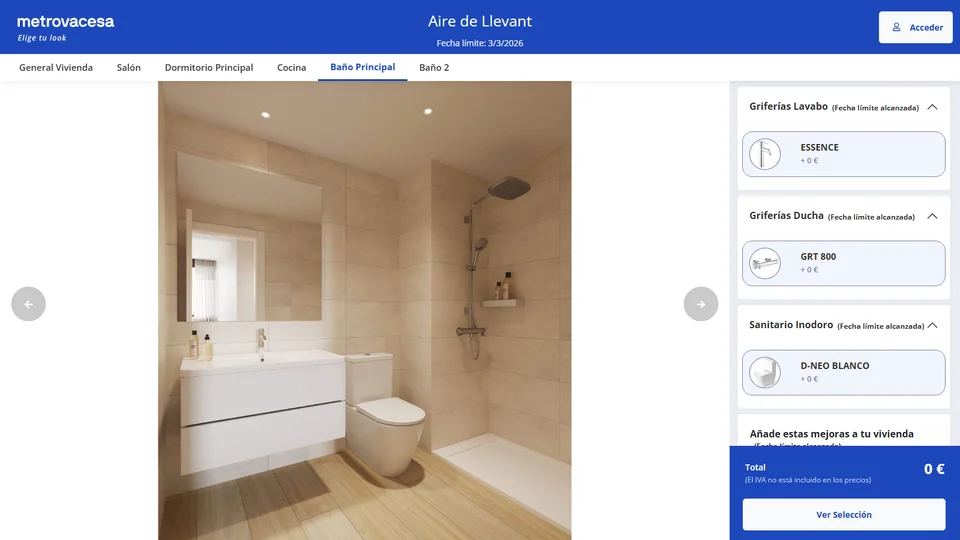 Pantalla de un configurador 3D con el baño y el panel para elegir revestimiento, griferías y sanitarios