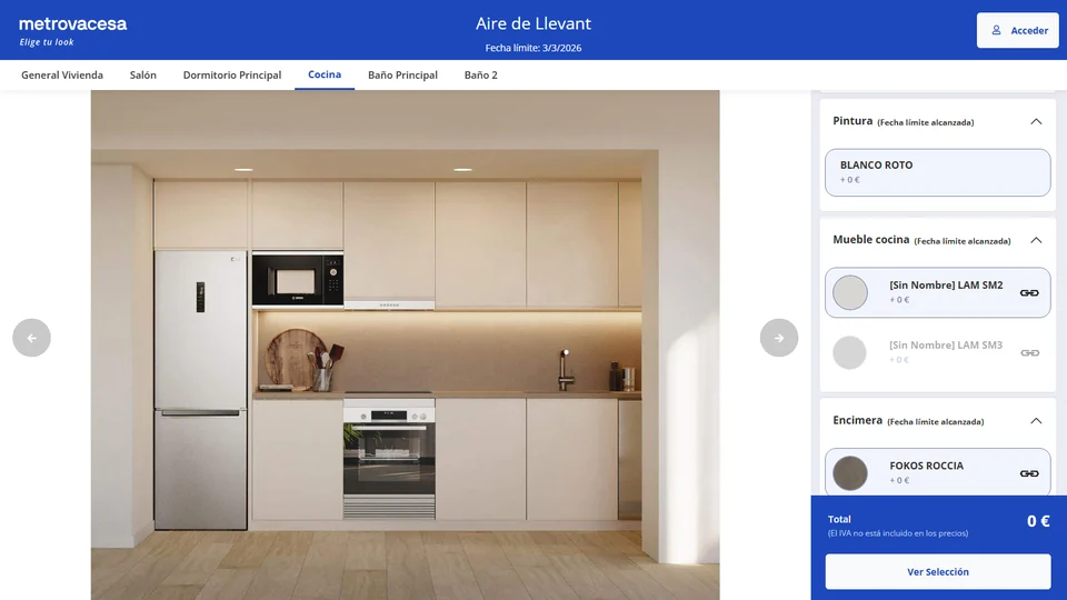 Pantalla de un configurador 3D con la cocina y el panel para elegir muebles y encimera