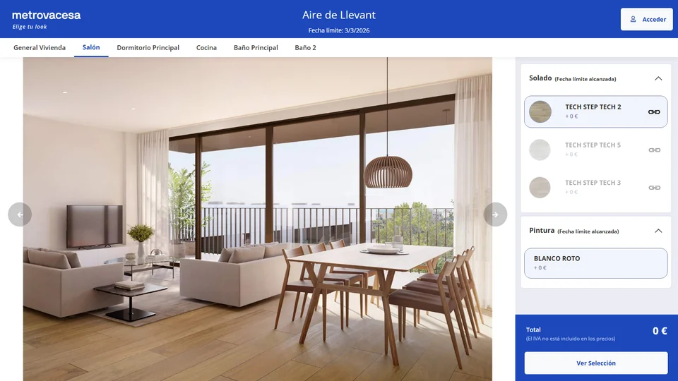 Pantalla de un configurador 3D con el salón de una vivienda y el panel para elegir el solado y la pintura