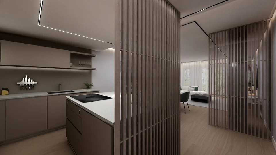 La misma cocina de obra nueva con el acabado arcilla aplicado desde el configurador