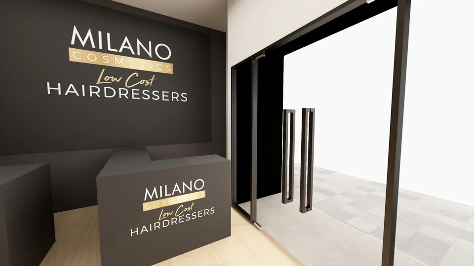 Counter and sign of a hair salon recreated in 3D