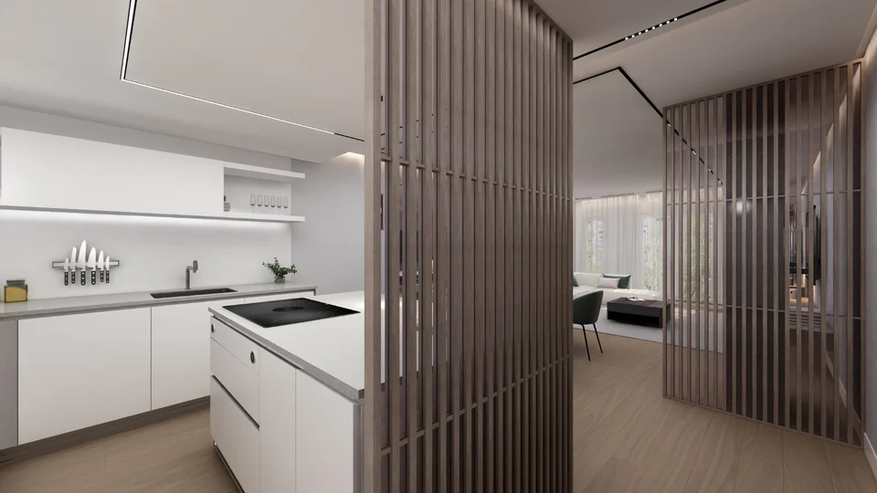 Salón y cocina de obra nueva con el acabado blanco elegido en el configurador 3D