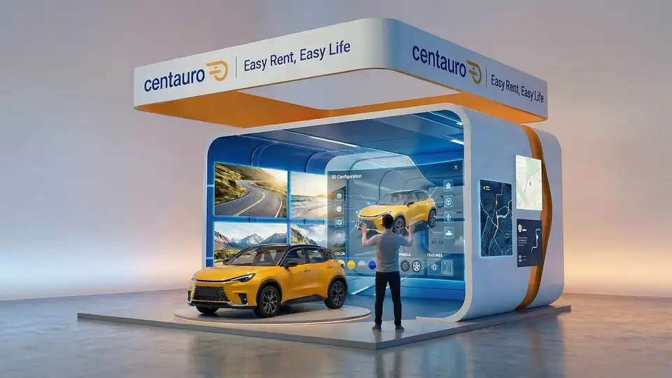 Stand de Centauro en FITUR con pantallas interactivas y un coche