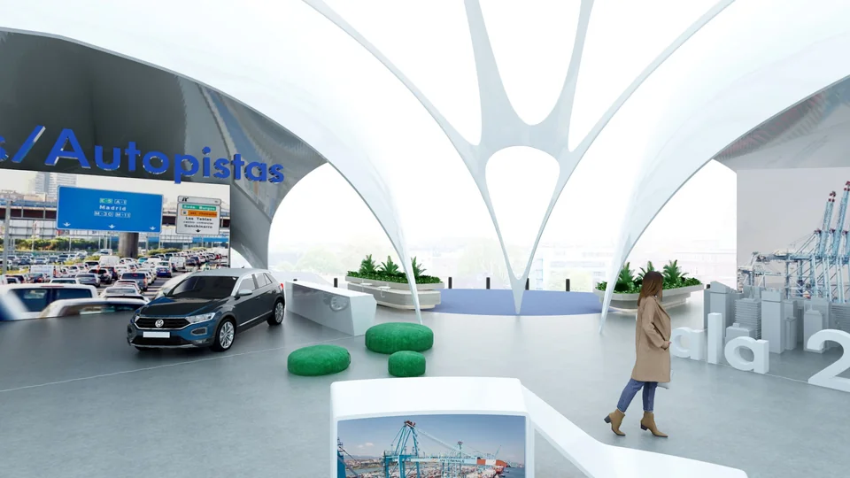 Pabellón de feria virtual en 360° con un coche expuesto y salas temáticas