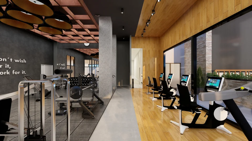 Cardio area of a gym recreated in 3D with screens on the machines