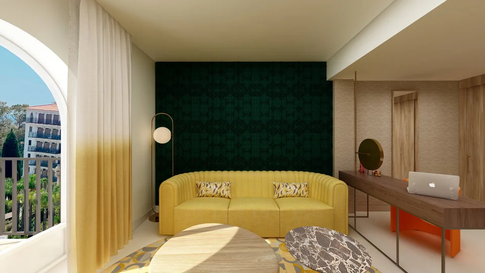 Living area of a hotel suite recreated in 3D with a sofa and a desk
