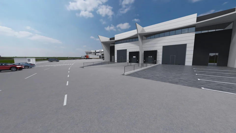 Logistics units in 3D with their loading bays, lorries and car park