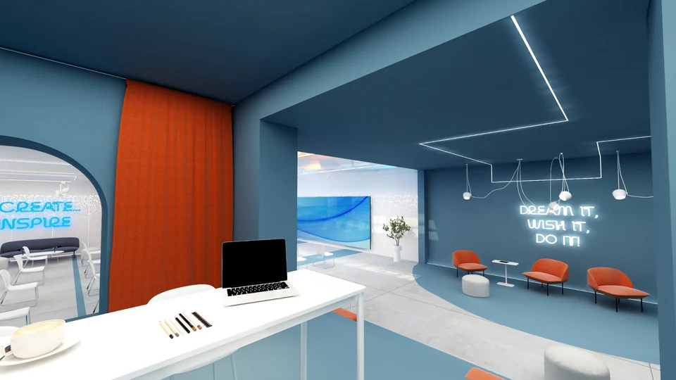 Work area of an innovation space explored freely in 3D