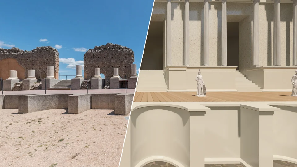 A la izquierda el teatro romano tal y como se conserva hoy, a la derecha su reconstrucción en 3D