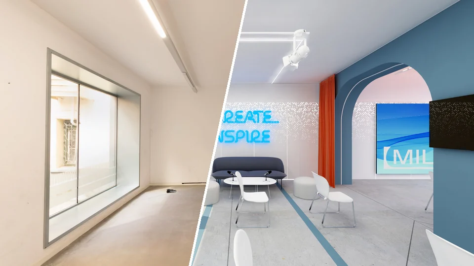 On the left the empty hall as it looks today, on the right the same space already refurbished in 3D
