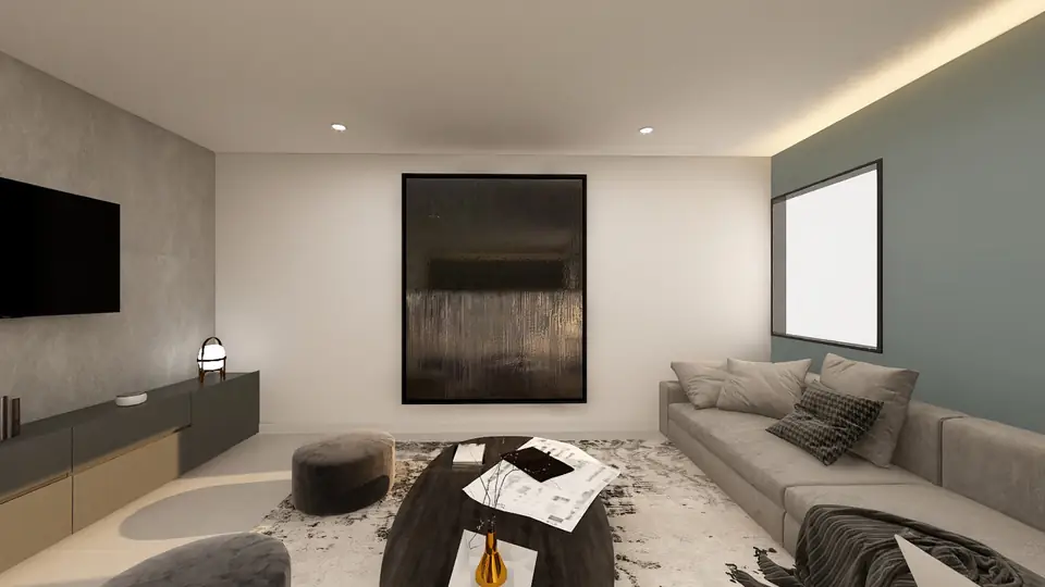 Living room of a refurbished home furnished in 3D