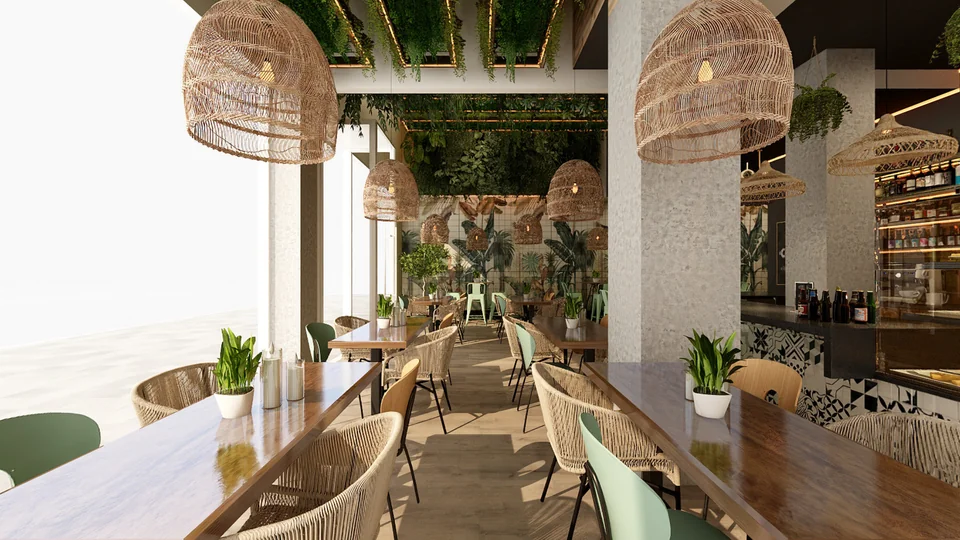 Dining room of a coffee shop with a hanging garden recreated in 3D