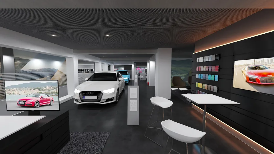 Showroom virtual 360° de un concesionario Audi con un coche en exposición