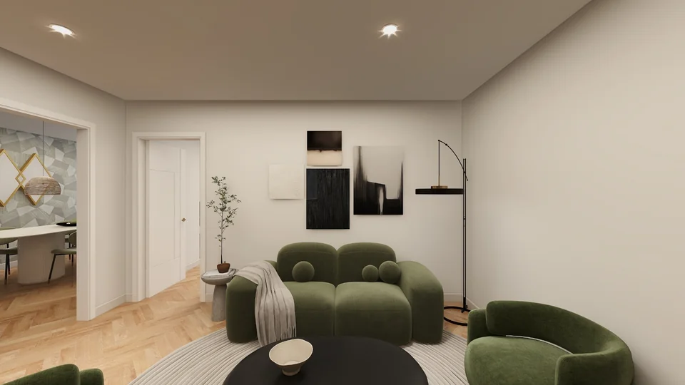 Sala de estar de un piso reformado y amueblada en 3D