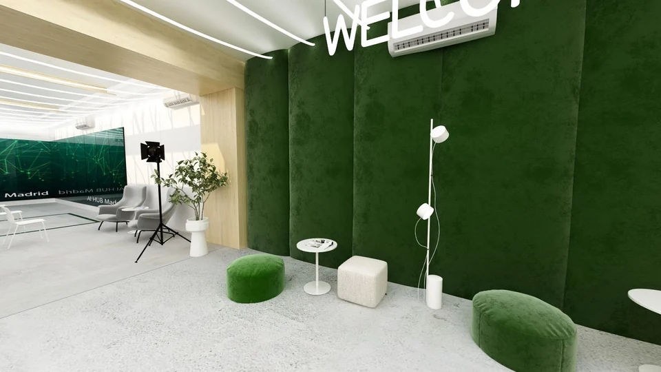 Sala de un edificio municipal reformada en 3D, con jardín vertical y zona de encuentro