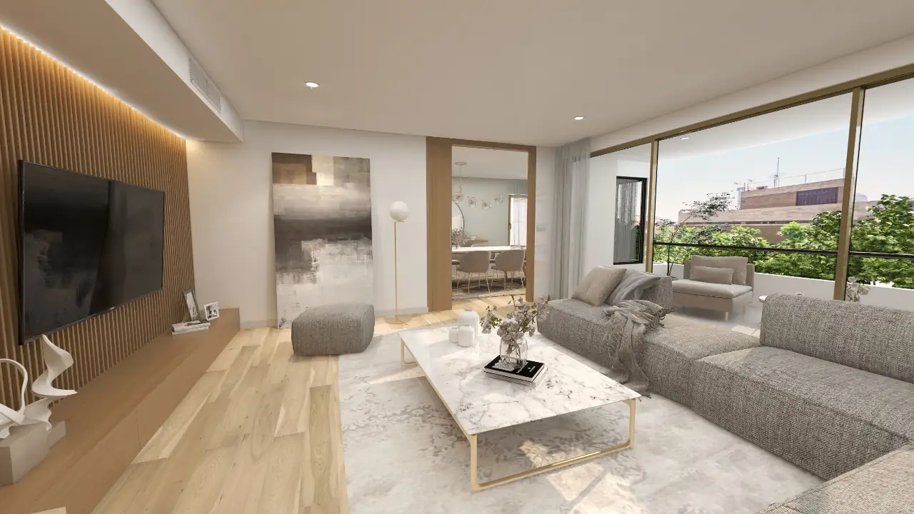 Tour virtual 360° del salón de una vivienda de obra nueva en Pau Alcover