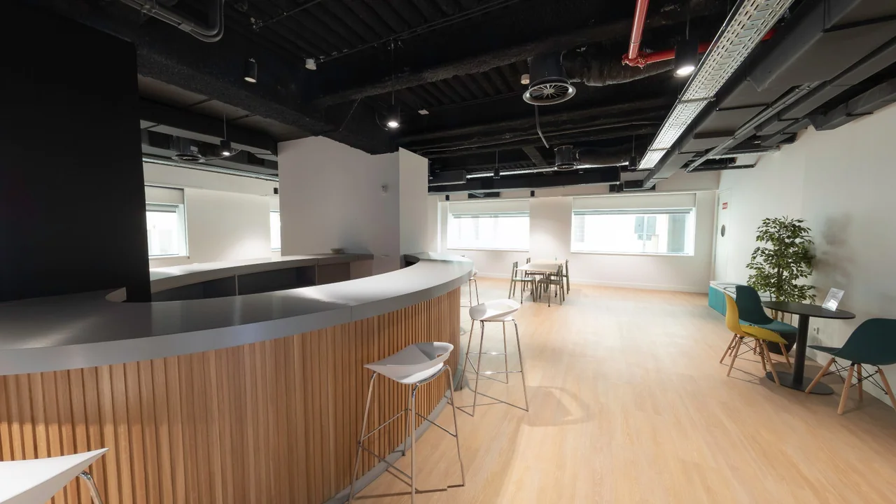 Canteen and break area at The Valley, with its bar and high tables
