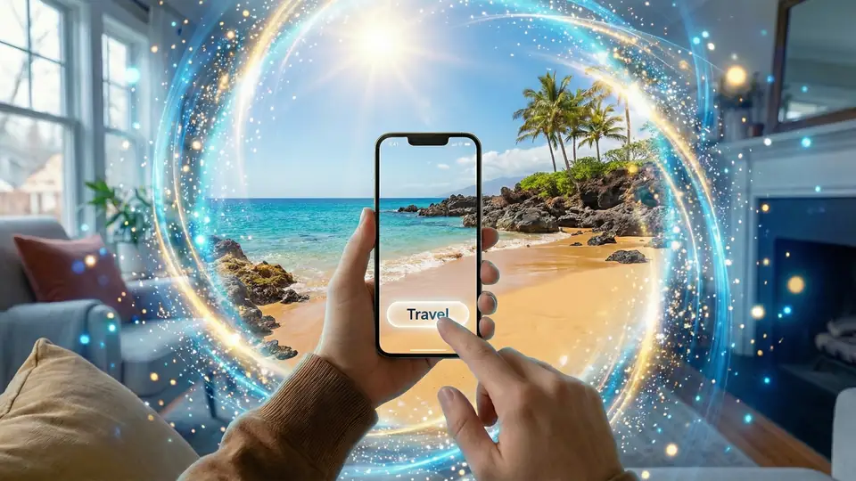Portal de realidad virtual a una playa desde un salón