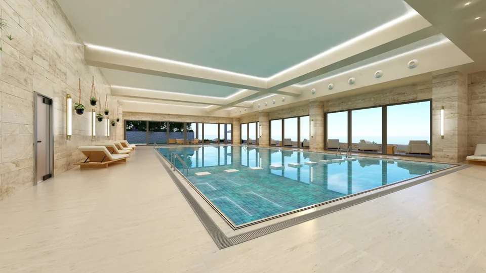 Indoor pool and lounge area of a development recreated in 3D